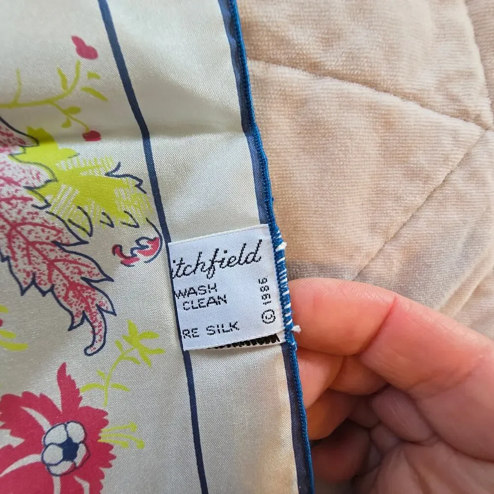 Vintage 80s June Critchfield Silk Rectangle Scarf Floral Navy Pink DAR Museum
